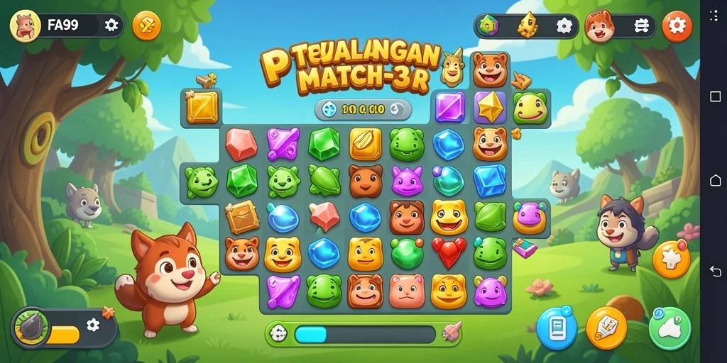 Tangkapan layar FA99 menampilkan gameplay seru dengan berbagai batu permata yang memukau.