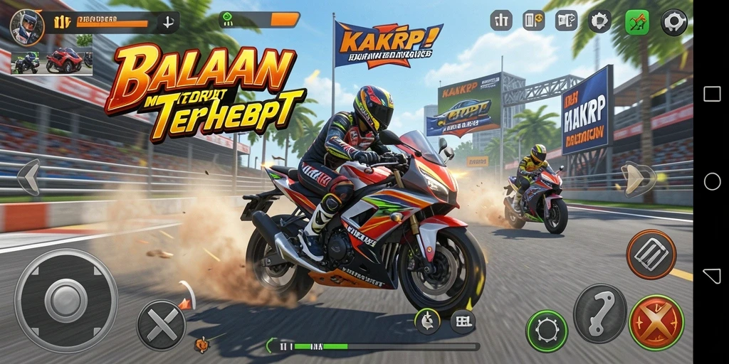 Gameplay KAKRP menampilkan aksi balapan motor yang seru.