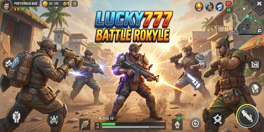 Screenshot LUCKY777 menampilkan aksi pertempuran intens di arena Battle Royale.