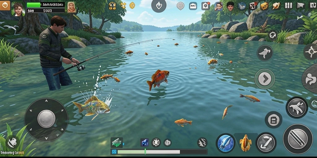 Tangkapan ikan menarik dalam gameplay S80 dengan latar belakang yang indah.