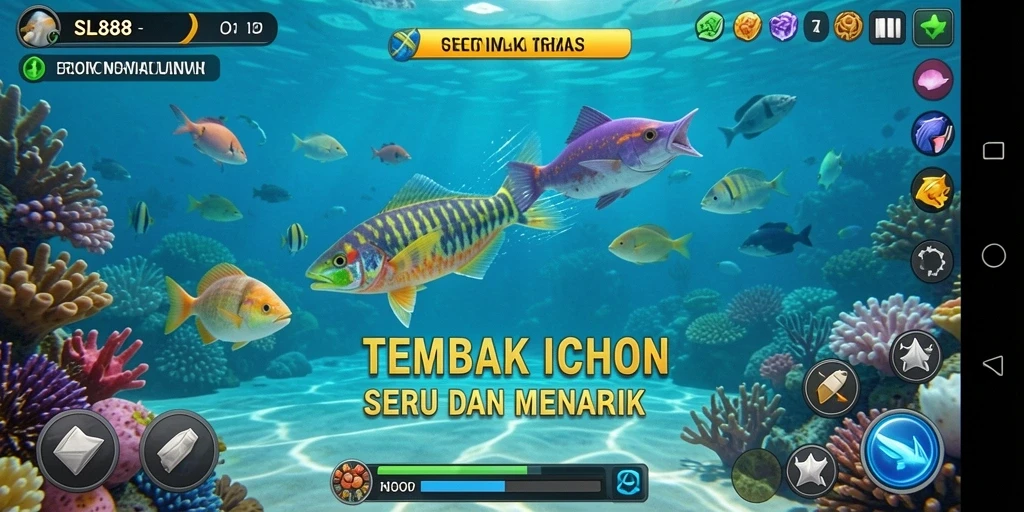 Tampilan gameplay SL888 saat menangkap ikan yang berwarna-warni.
