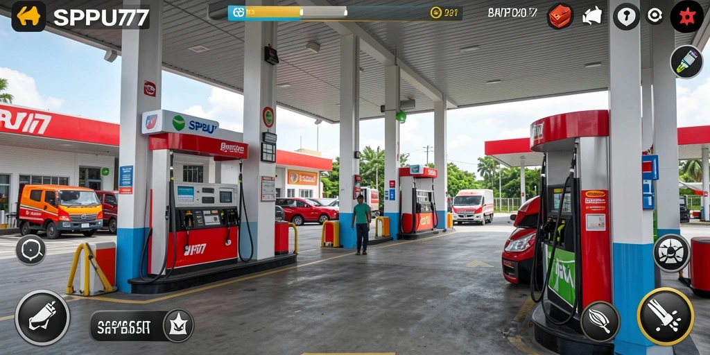 Tampilan gameplay SPBU77 dengan stasiun pengisian yang ramai.
