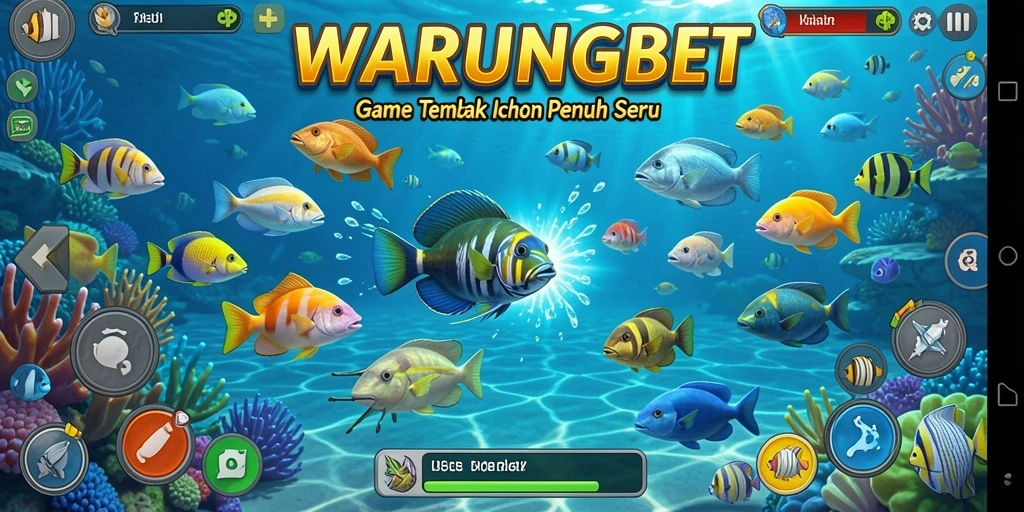 Tampilan screenshot gameplay WARUNGBET dengan aksi menembak ikan.